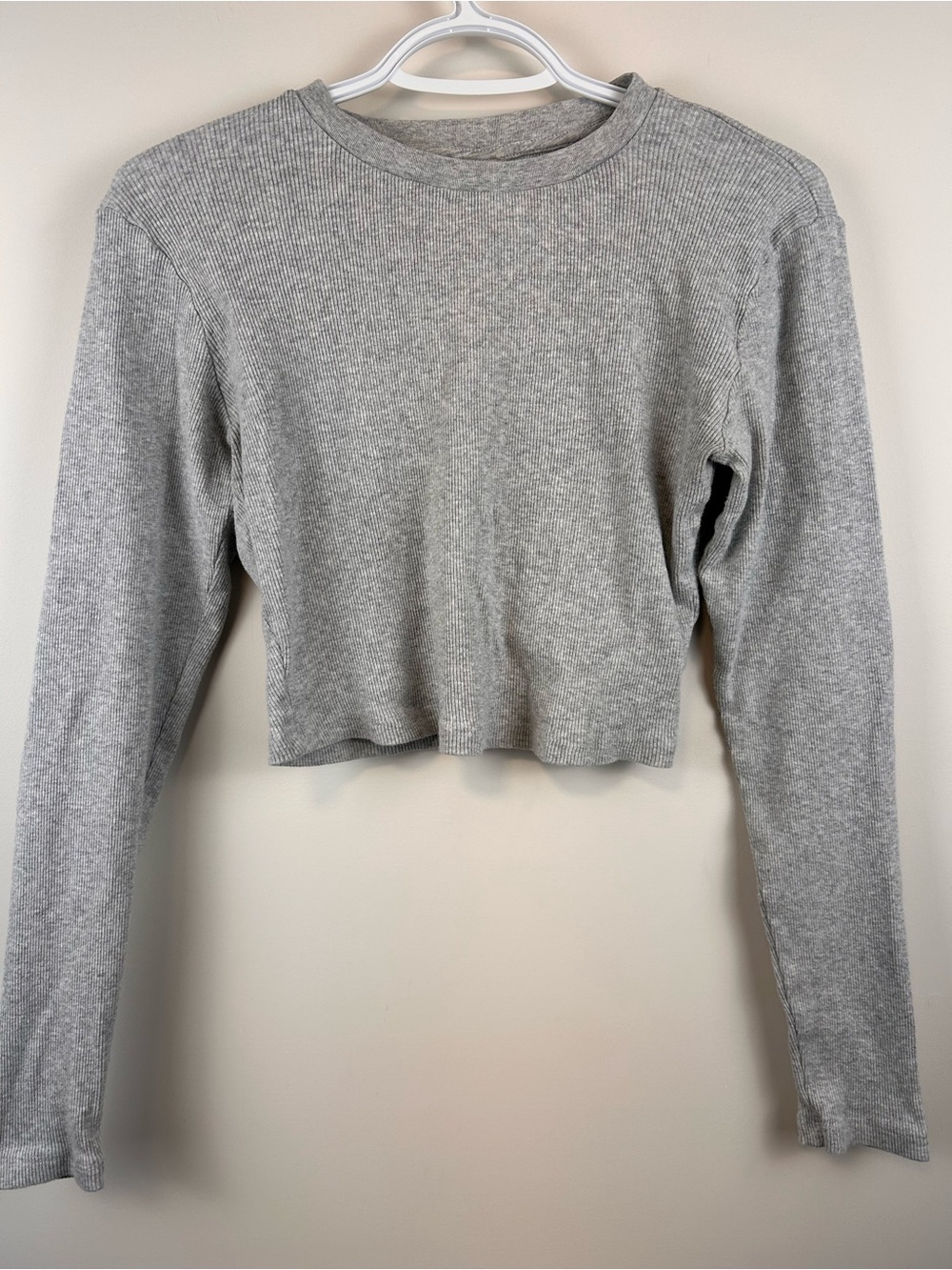 Aritzia TNA Ribbed Long Sleeve Crop Top Grey Size L Fitted Stretch Basic